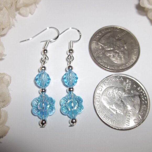 Flower Earring Blue Silver Dangle Drop Turquoise AB Aurora Borealis Jewelry D344 - Picture 2 of 5